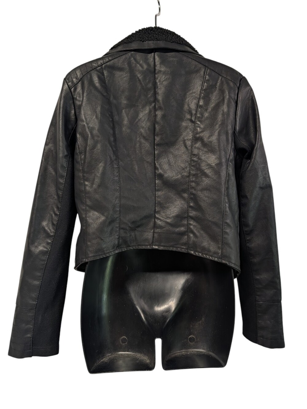 Baccini Black Faux Leather Sherpa Collar Moto Jacket Asymmetrical Zip Size M - Picture 2 of 8